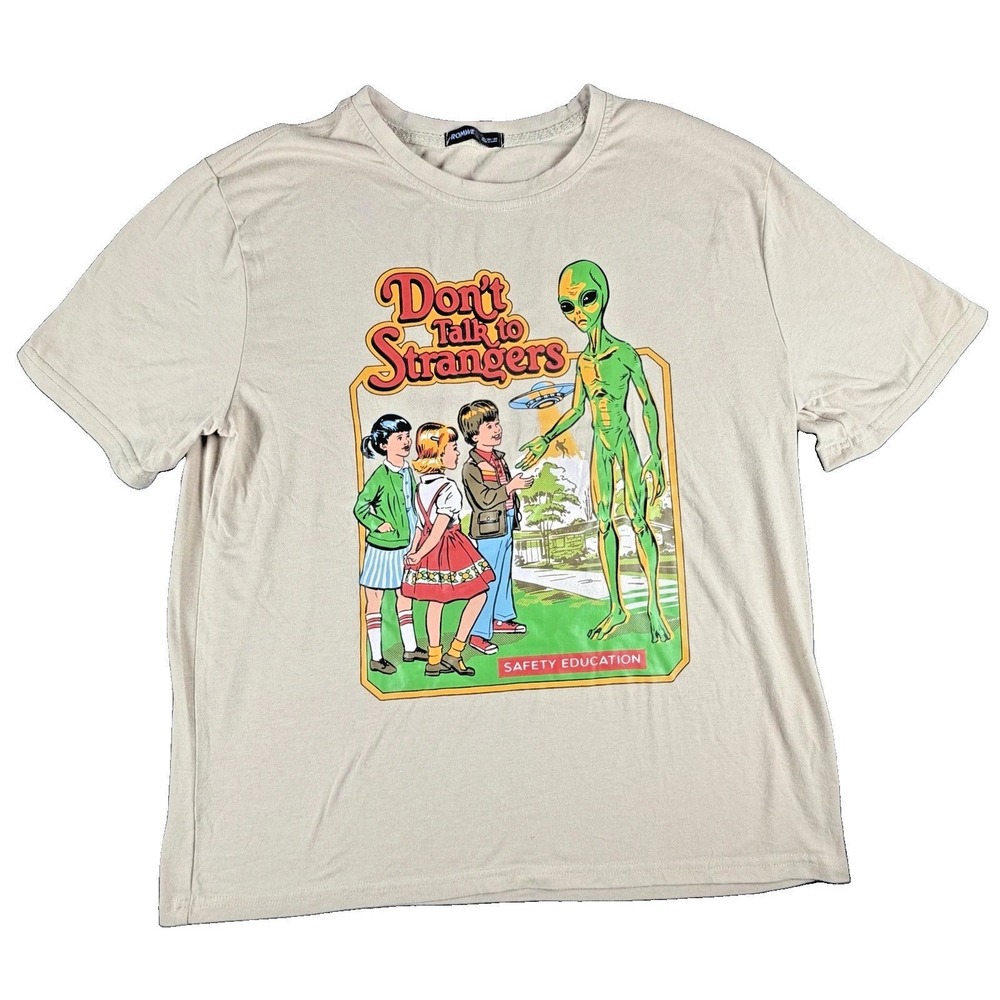 ROMWE Shirt Mens Medium Beige Don't Talk To Strangers Alien Retro Graphic Tee